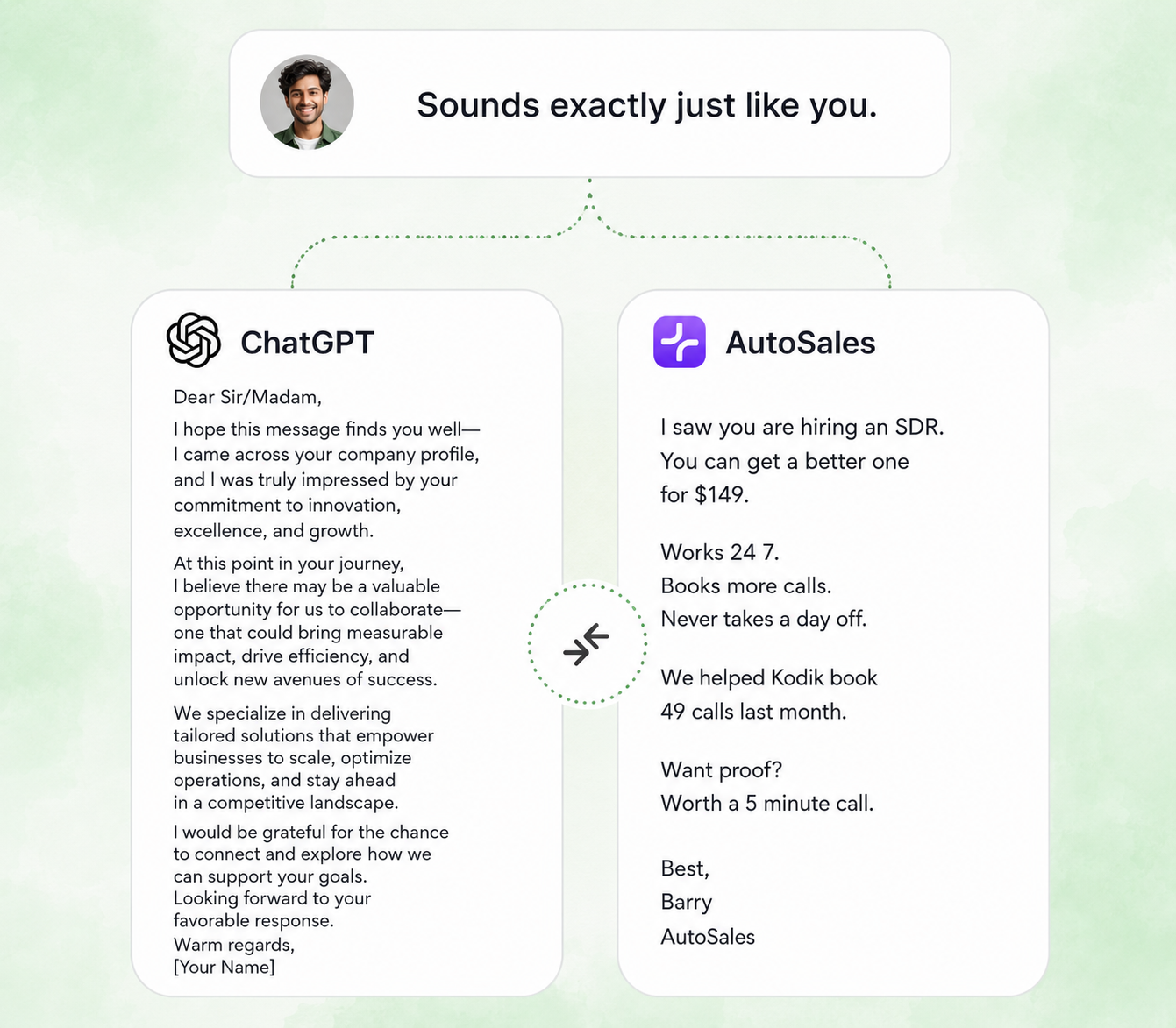 Autosales messages compared to generic AI copy, written in your voice